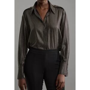 Karen Millen Black & Gold Metallic Woven Collared Pinstripe Shirt Semi Sheer